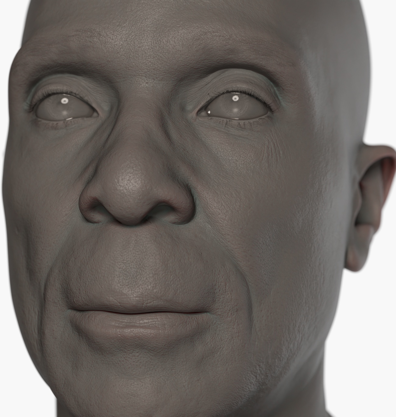 Clay render of a male head 3D scan showing skin pore detail and surface topology across the face and scalp
